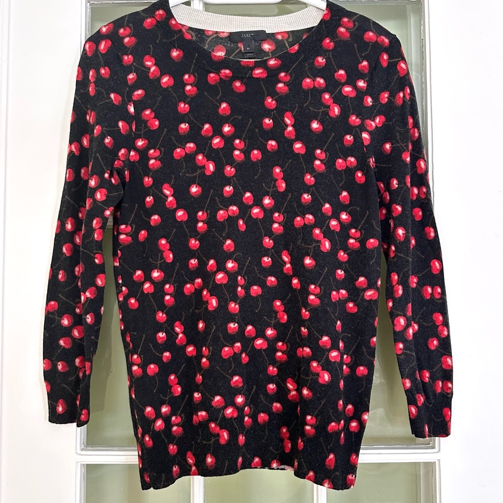 J. Crew Tippi Sweater with Red Cherry Design, Sz M, Merino Wool, Like New